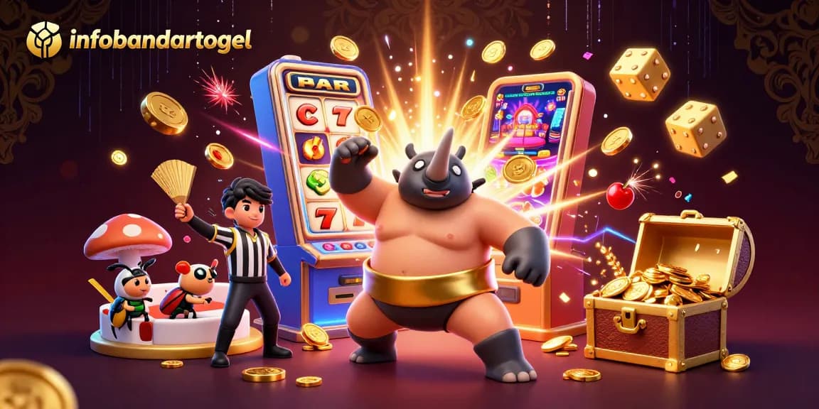 Engaging infobandartogel illustration capturing a rhinoceros beetle champion amidst casino excitement and jackpot moments.