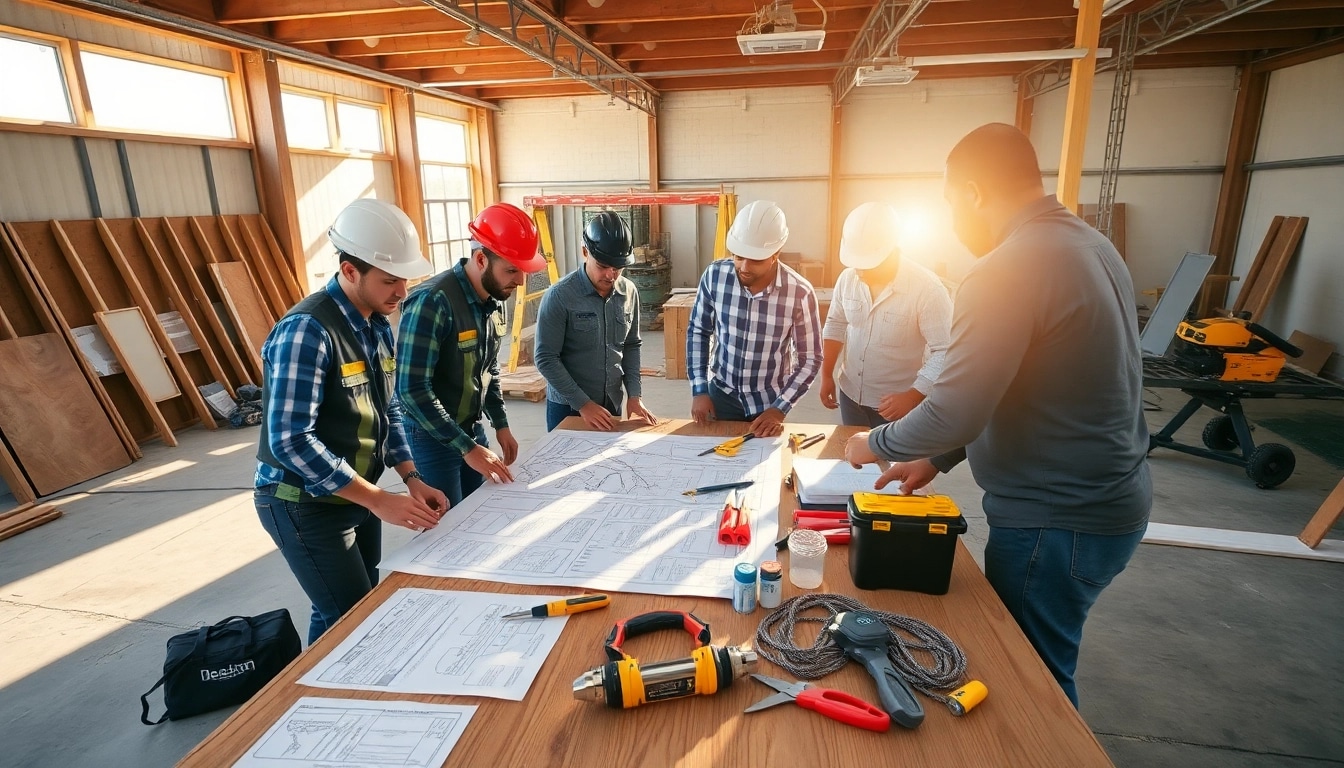 Engaging professionals in contractor association southern california discussing plans at a sunny worksite.