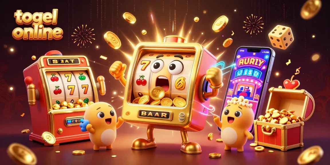 Engage with togel online action featuring a golden slot machine celebrating a jackpot amidst colorful casino elements.