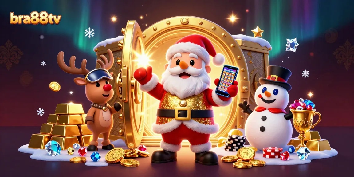 Experience jackpot excitement with bra88tv as Santa, a reindeer, and a snowman celebrate in a casino.