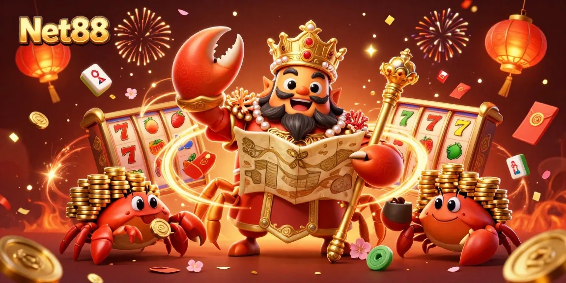Spin the reels with Net88's vibrant casino illustration featuring a golden crab emperor.