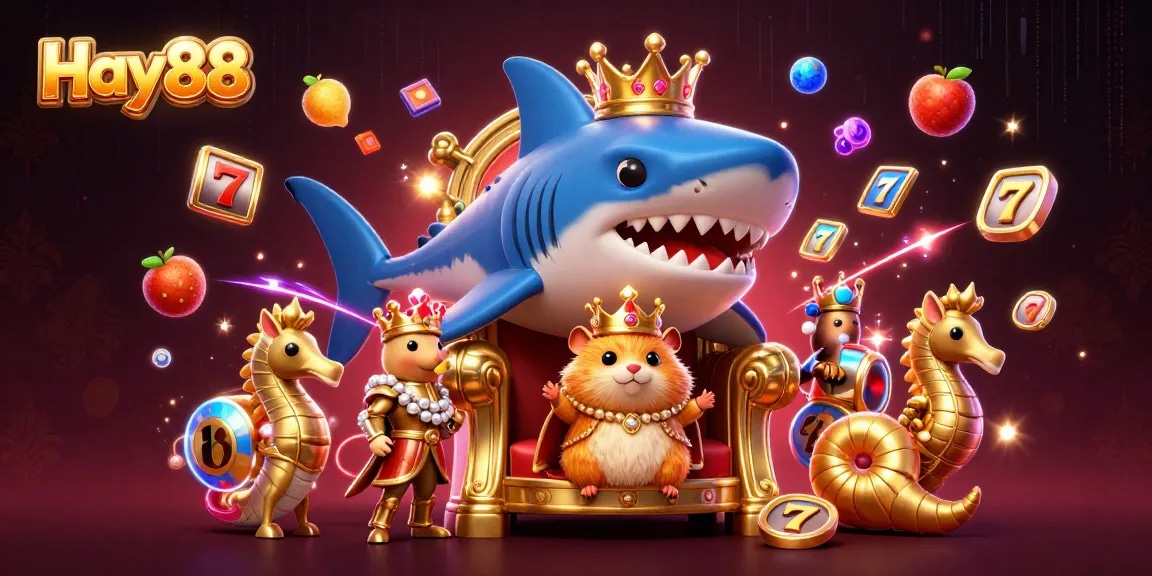 Engage with Hay88's thrilling slot adventure featuring a golden hamster king on a megalodon throne.