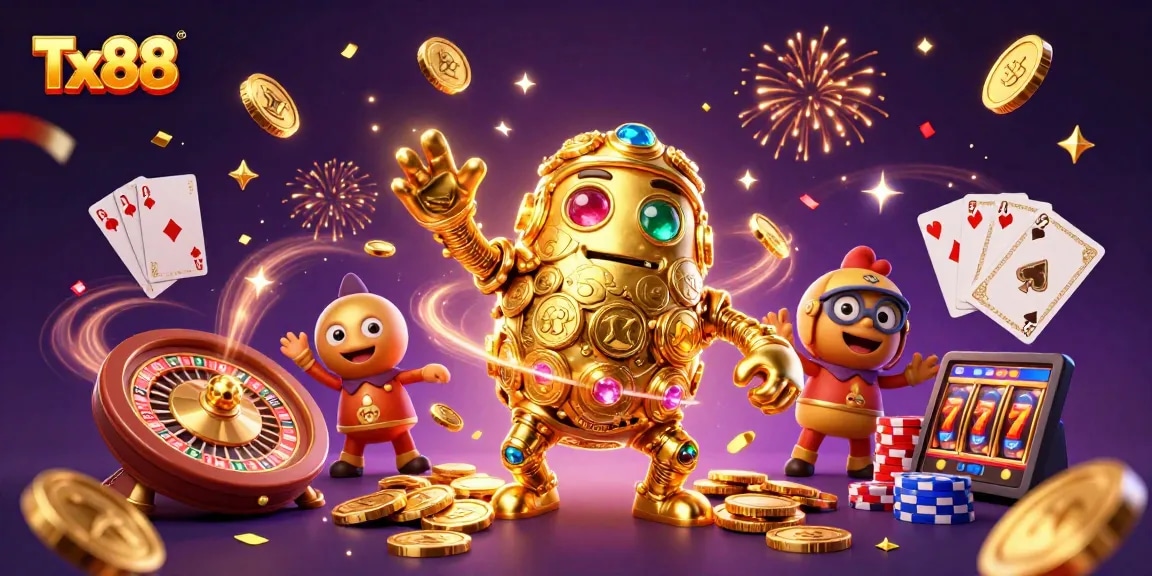 Engage with Tx88 as you spin golden coins and win jackpots in a vibrant casino scene.