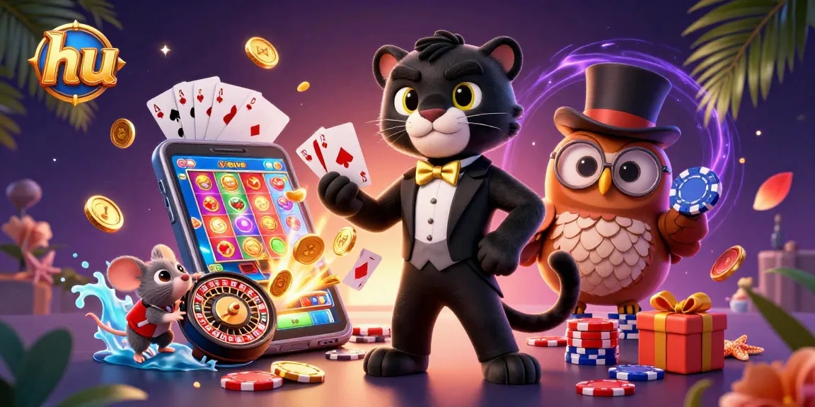 Experience winning thrills at hu with a vibrant casino scene featuring playful characters and immersive gaming elements.
