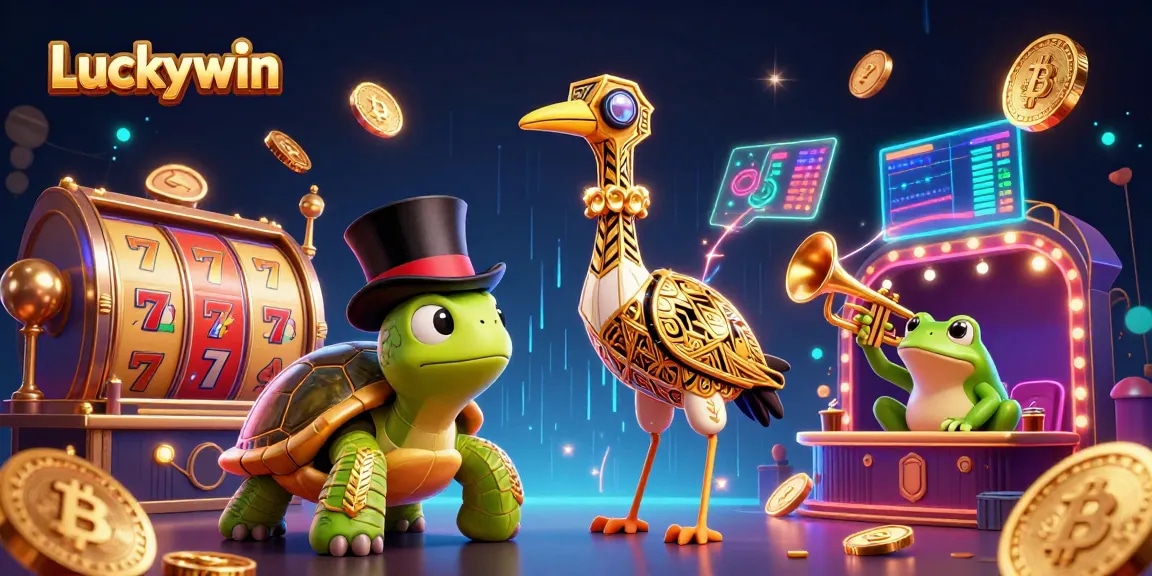 Engage with Luckywin's vibrant slots scene featuring a playful crane, turtle, and frog amidst neon elements.
