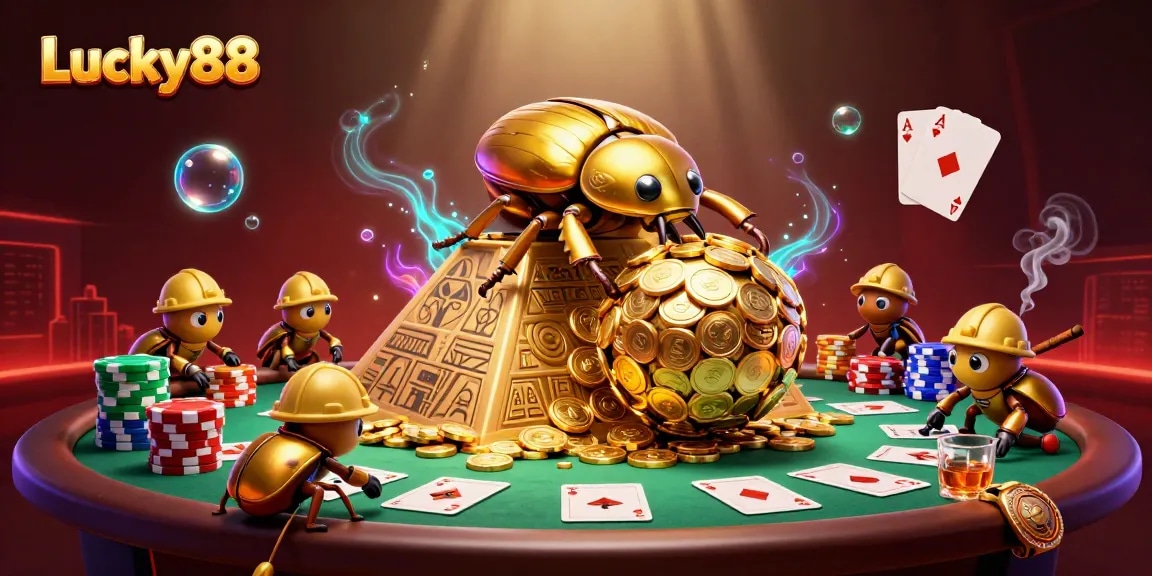 Engage with Lucky88's gaming excitement as golden beetles roll coins towards victory on a vibrant casino backdrop.
