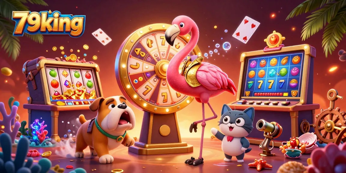 Engage with the luminous excitement of 79king's animated prize wheel and slots in this vibrant illustration.