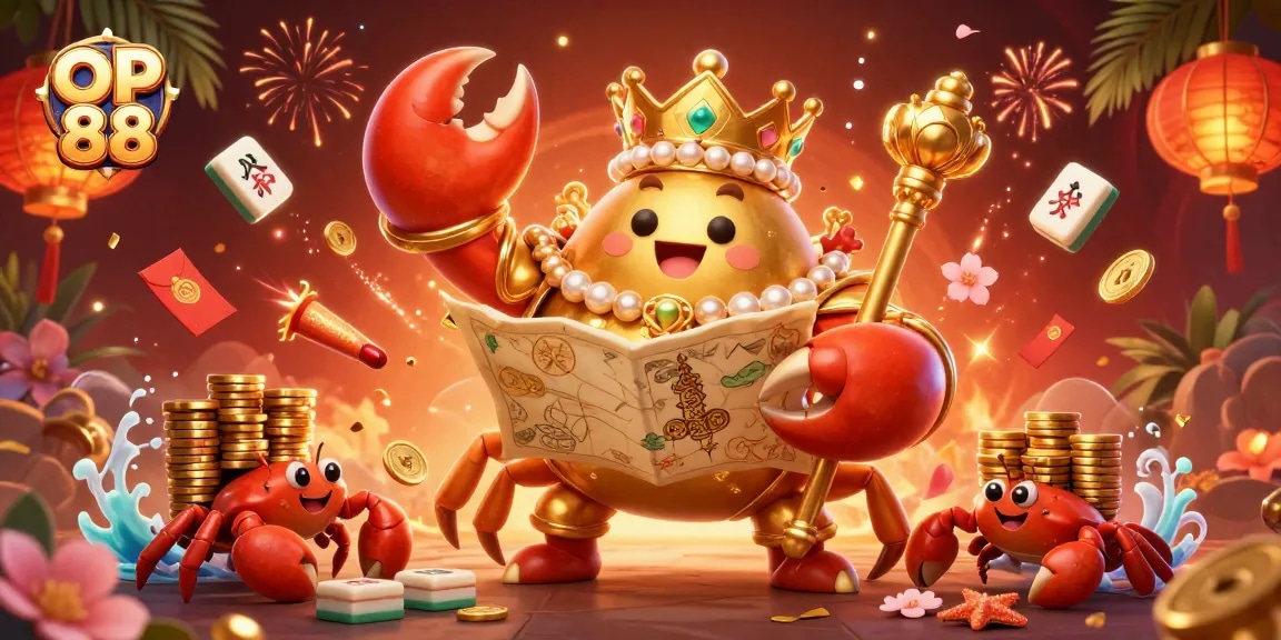 Experience thrilling gaming action at OP 88 with a golden crab emperor and vibrant casino elements.