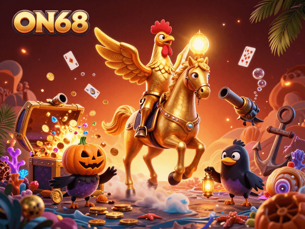 Experience thrilling gaming at ON68 with a golden rooster leading the casino adventure amidst rich treasures and vibrant action.