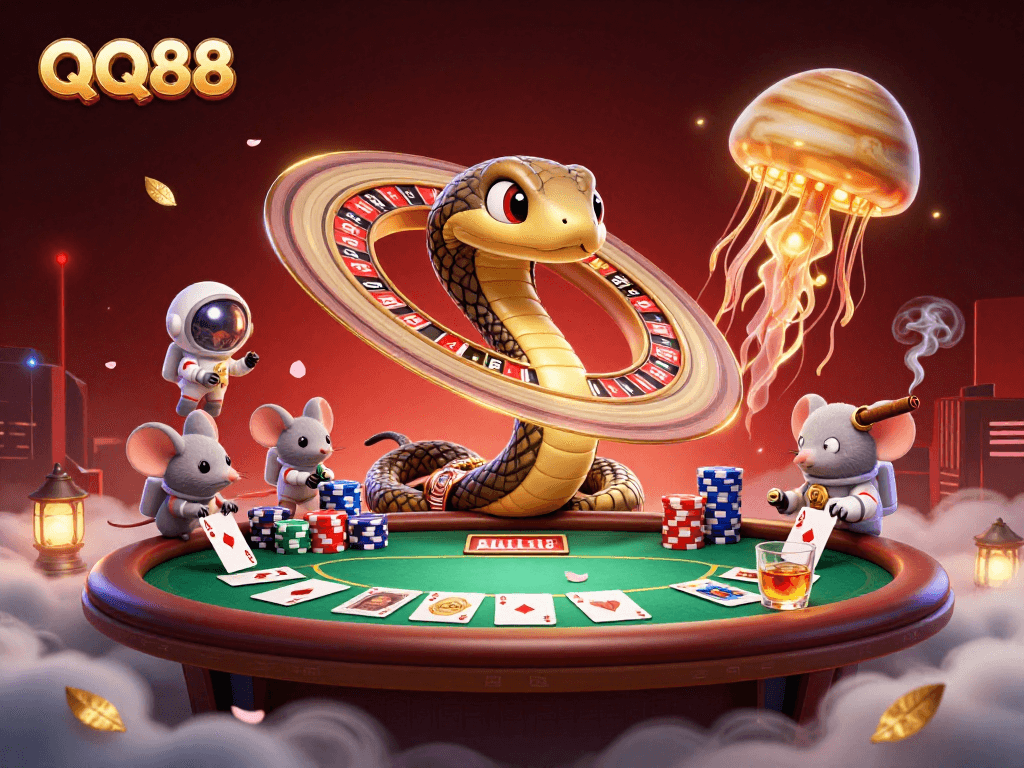 Bet on QQ88's thrilling cosmic casino experience with a colorful 3D illustration of mice placing bets.