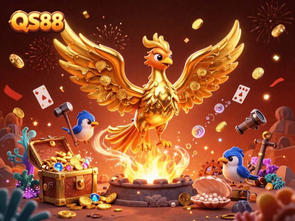 Experience the thrill of QS88 with a dynamic scene of a golden phoenix and treasures.