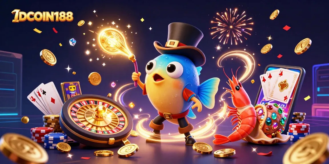 Engage with IDCOIN188's vibrant casino scene featuring animated characters, gold coins, and festive casino elements.