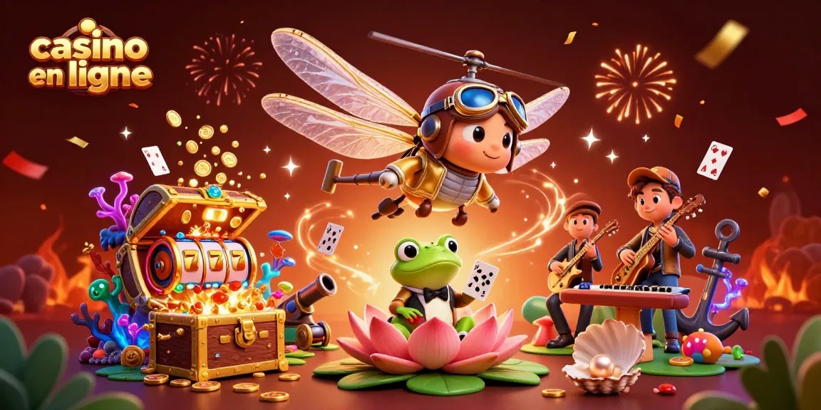 Illustration animée d'un casino en ligne avec un dragon volé, croupier et musiciens.