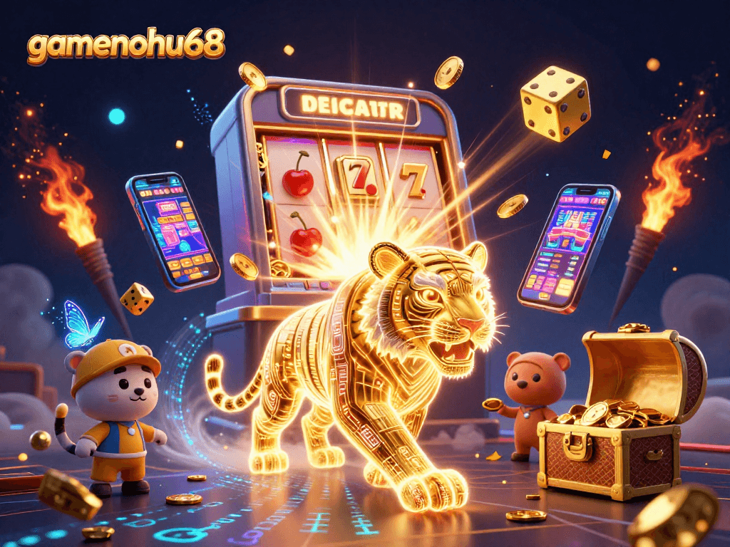Experience the thrill of gamenohu68 with vibrant 3D casino action featuring a golden tiger and slot machine.