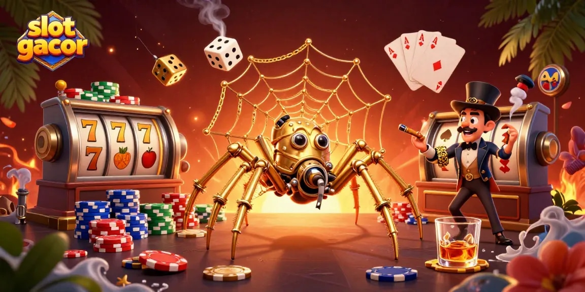 Engage in the thrill of slot gacor with 3D cartoon elements illustrating a vibrant casino scene.