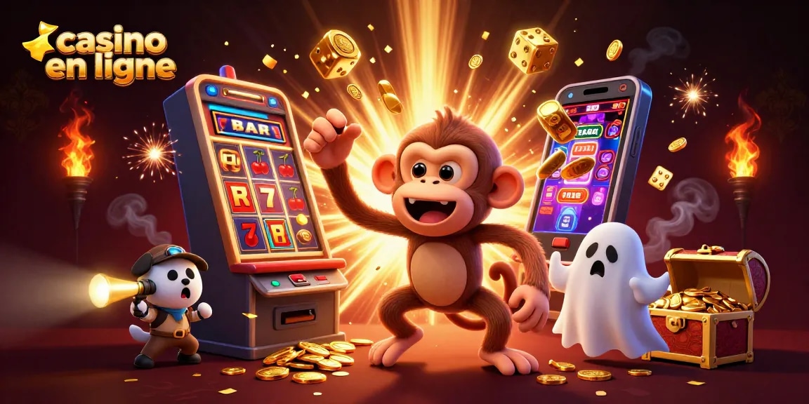 Illustration dynamique de casino en ligne avec un singe fantôme et un chien chasseur.