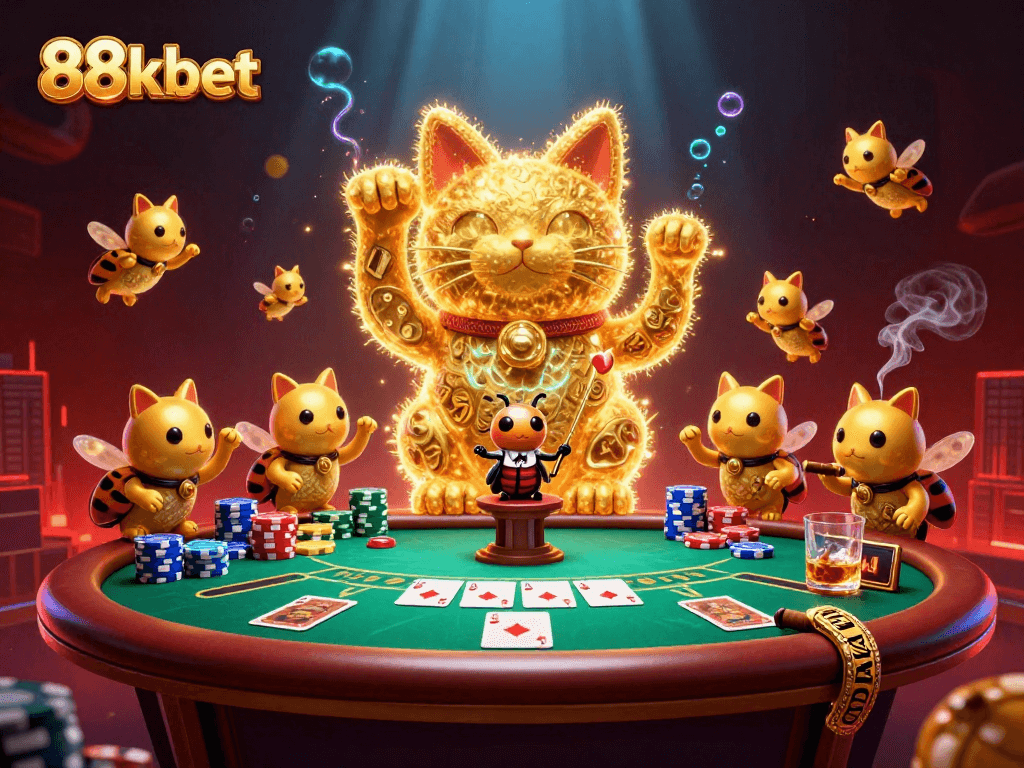 88kbet showcases a vibrant lucky cat made of fireflies in a bustling casino scene.