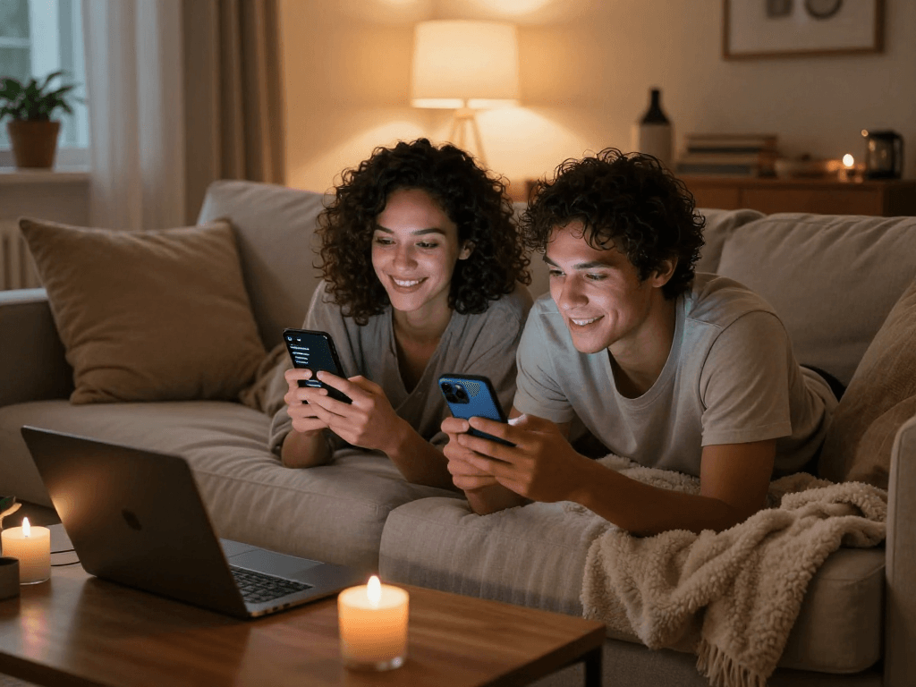 AI sexting couple sharing playful moments in a cozy living room.