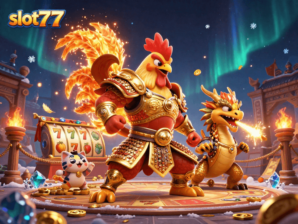 Play slot777 with a dynamic 3D cartoon scene featuring a fighting rooster and dragon.