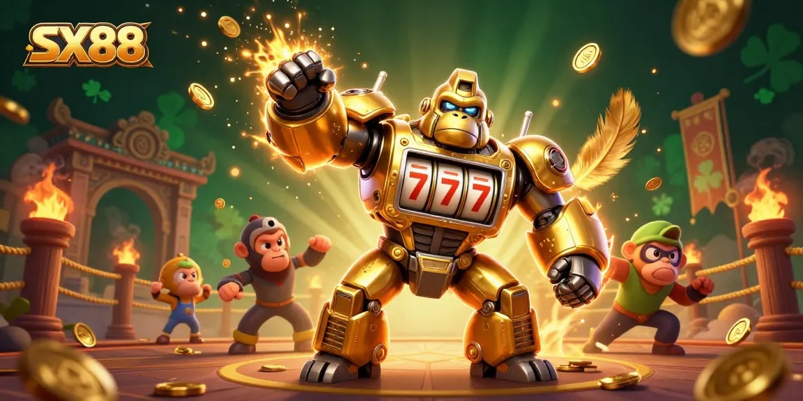 SX88 showcases an exhilarating scene with a golden mech gorilla, slot machine elements, and dynamic casino action.