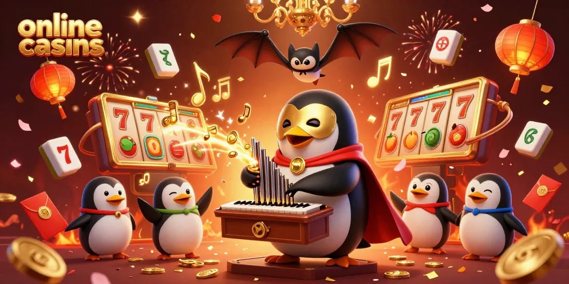 Experience thrilling online casinos with a lively scene featuring a penguin organist and slot reels.