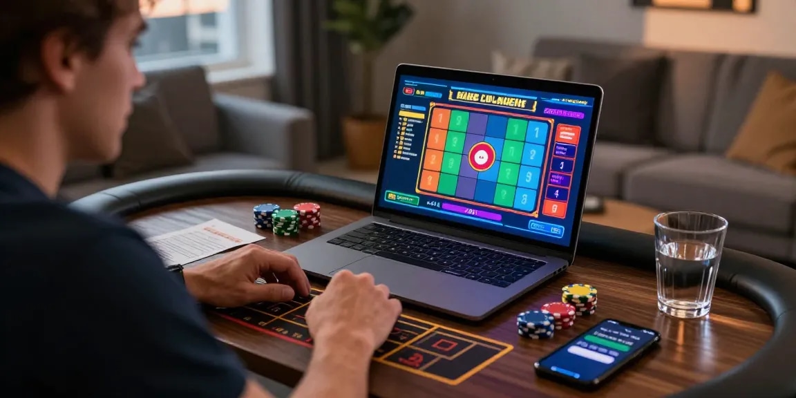 Engaging player focused on color prediction gaming at https://mycolourtrading.com/ with vibrant digital interface and urban home backdrop.