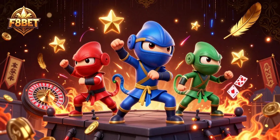 Engage in thrilling gameplay with F8BET's dynamic casino elements featuring ninja chameleons in action.