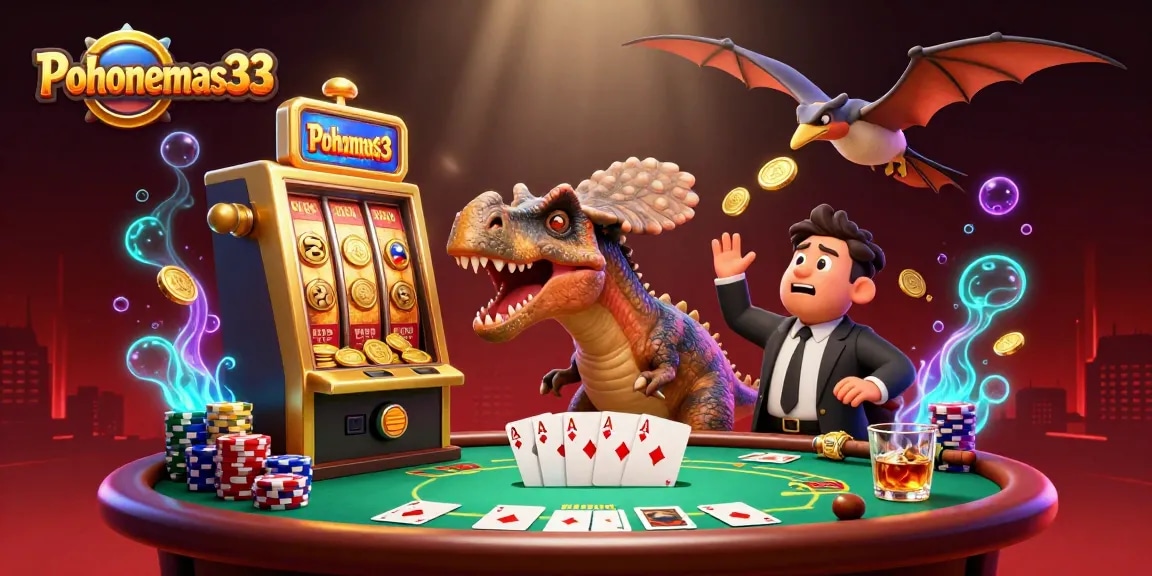 Pohonemas33 brings excitement as a cartoon dinosaur interacts with a golden slot machine in a vibrant casino scene.