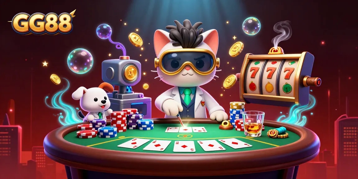 Experience the excitement of GG88 with a dynamic casino scene featuring poker elements and a whimsical lab.