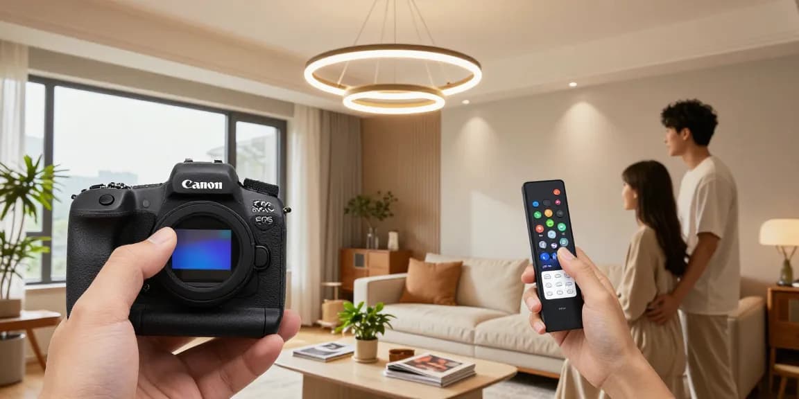 Lustra cu telecomanda în living modern, pereți luminoși și decor elegant