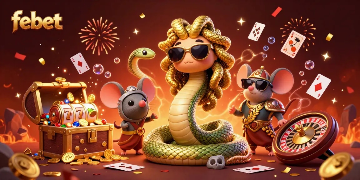 Experience thrilling gameplay with febet's engaging casino illustration, featuring slot reels and vibrant characters.