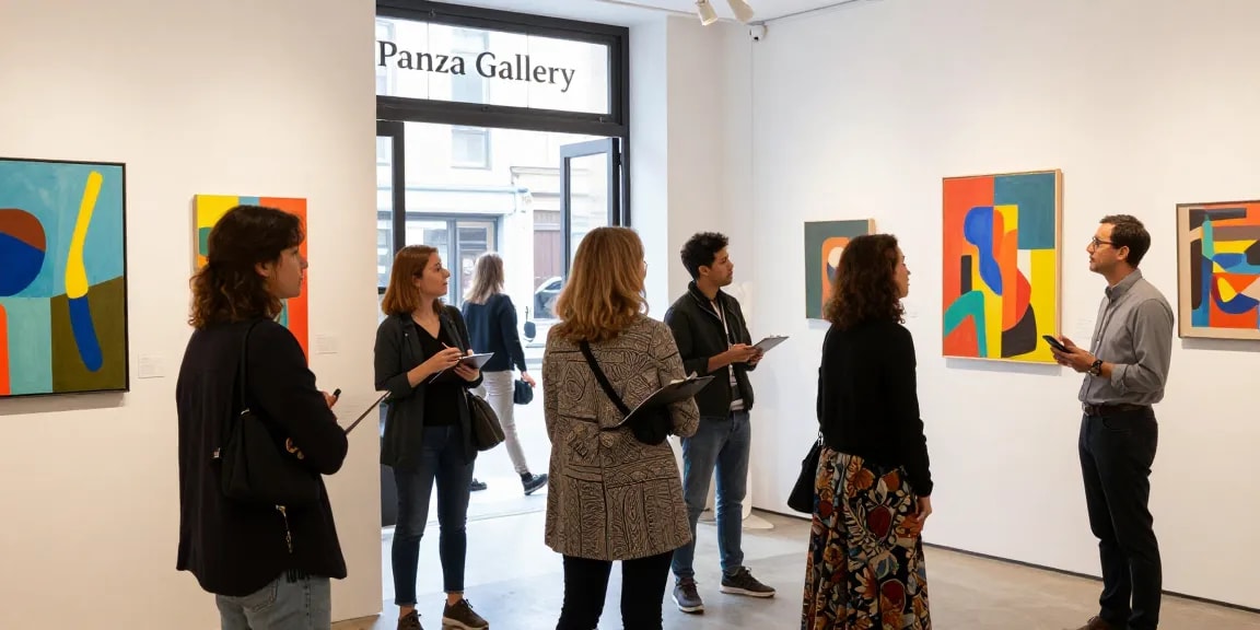 Art enthusiasts exploring Panza Gallery, admiring contemporary artworks in a vibrant, welcoming atmosphere.