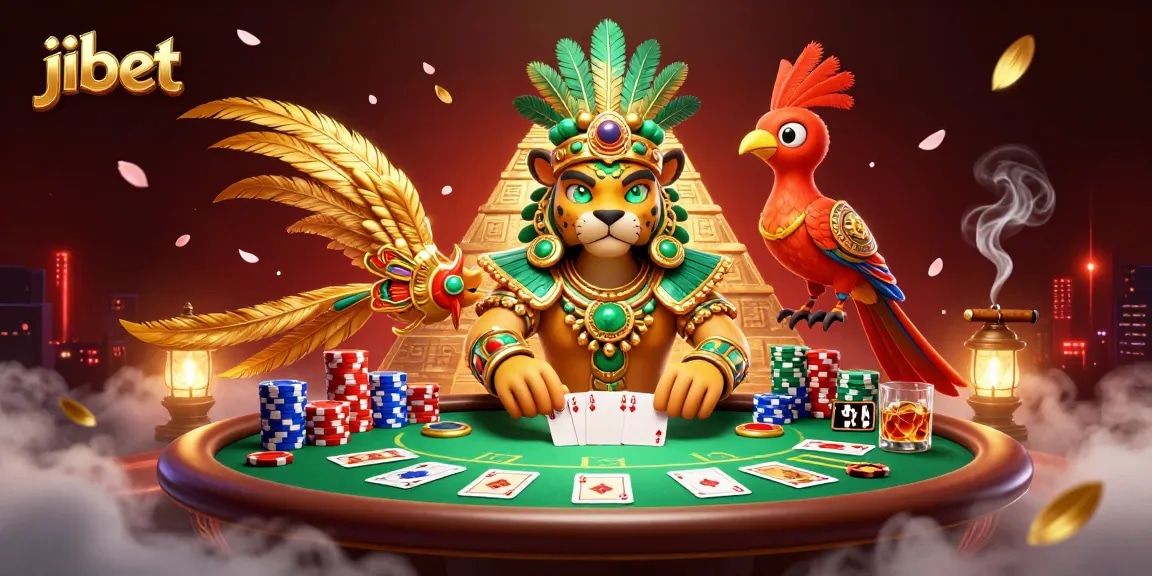 Win big at Jibet with a vibrant casino scene featuring an engaging poker game.