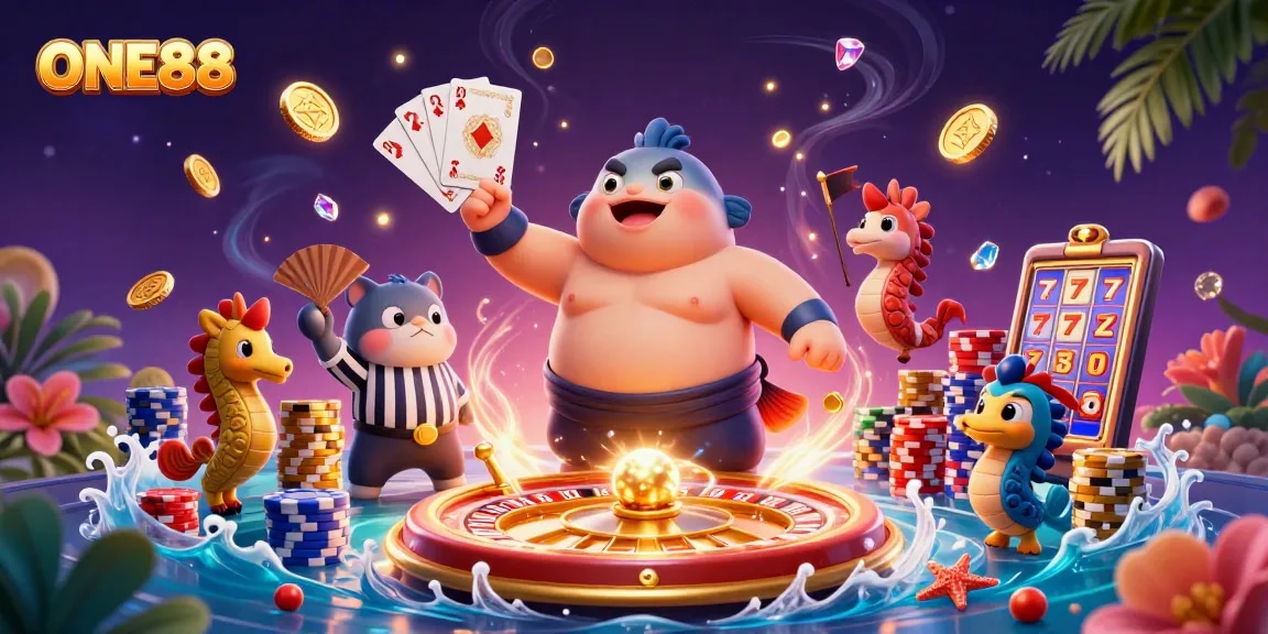 Experience the vibrant underwater casino world of ONE88 with dynamic characters and exciting gaming elements.