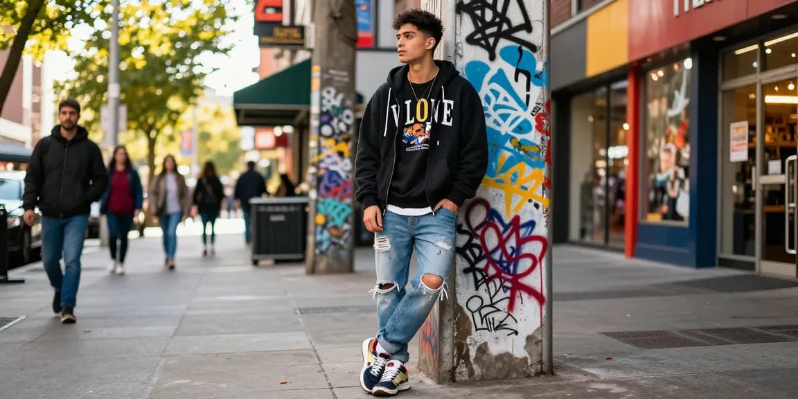 Stylish wearer in a vlone hoodie showcasing urban streetwear style against a vibrant city backdrop.