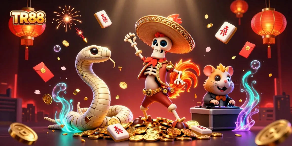 Engage with TR88's vibrant casino scene featuring a dancing mariachi rooster surrounded by exciting game elements.