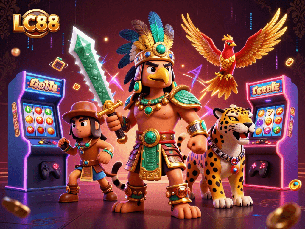 LC88 showcases an energetic scene with warriors and dynamic casino elements, perfect for immersive gambling experiences.