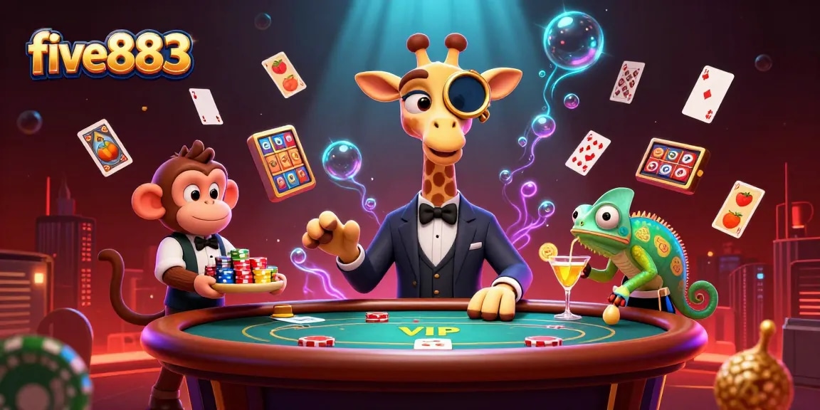 Experience the thrill at five883 as a high-stakes giraffe plays poker in a vibrant casino scene full of excitement.