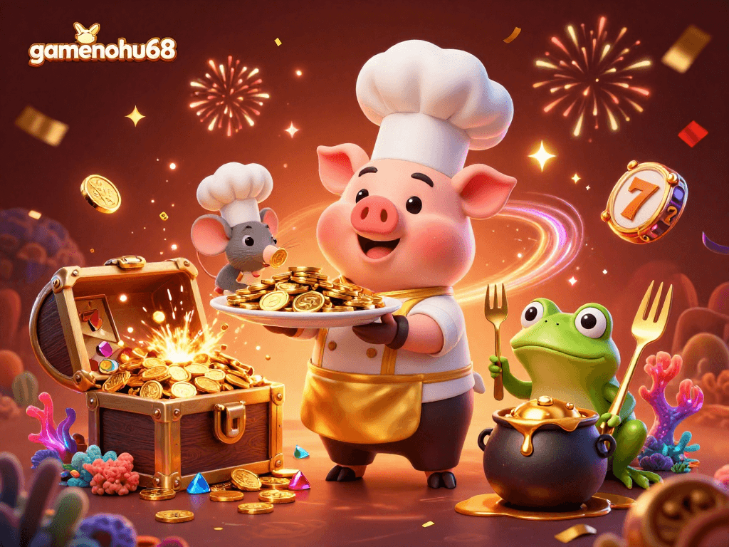 Join the celebration at gamenohu68 with a vibrant gambling feast featuring gold coins and lucky charms.