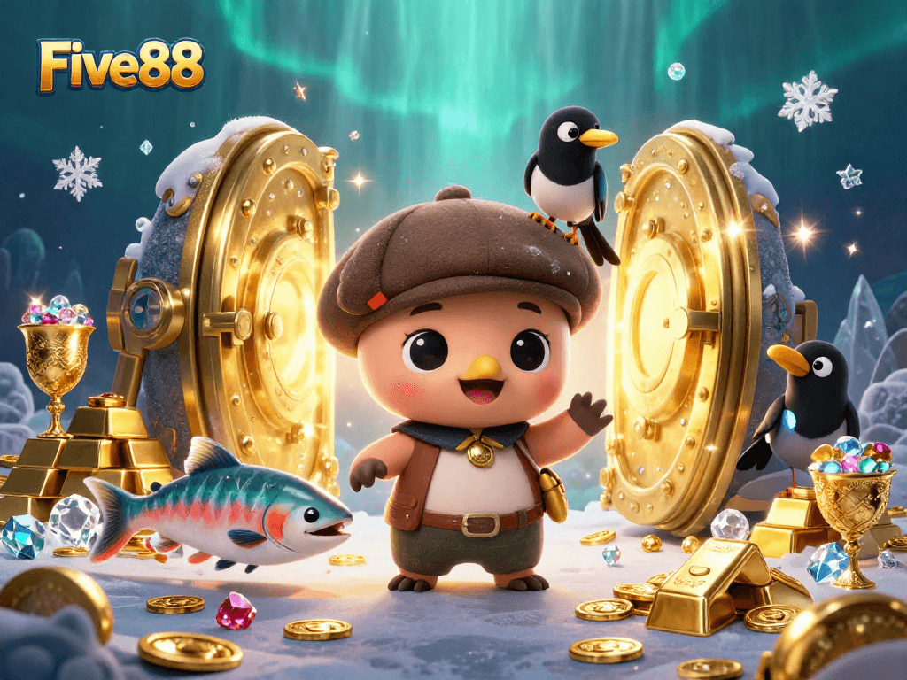 Experience the charm of Five88 with Nessie and treasures in this vibrant casino-themed illustration.