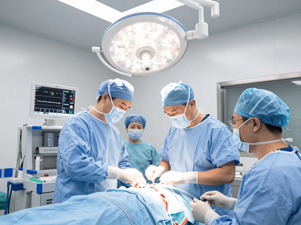 Expert performing dar kanal ameliyatı in a modern surgical room, showcasing advanced techniques and teamwork.