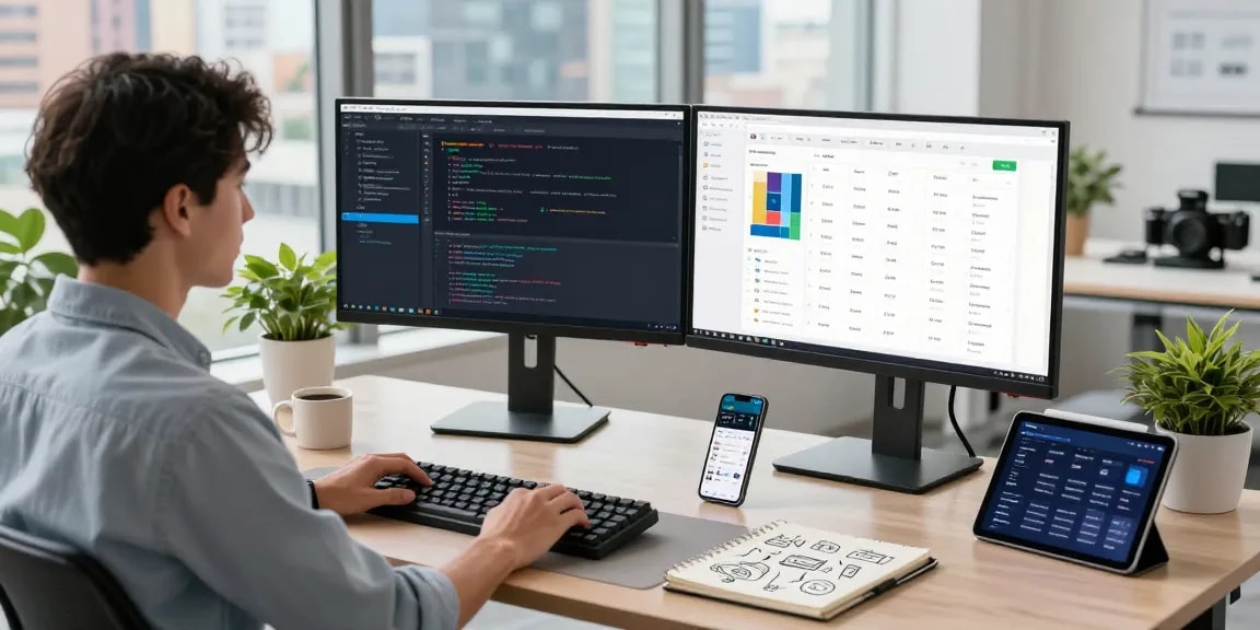 Build internal tools with AI in a modern software development workspace showcasing a developer coding on dual monitors amidst a lively urban backdrop.