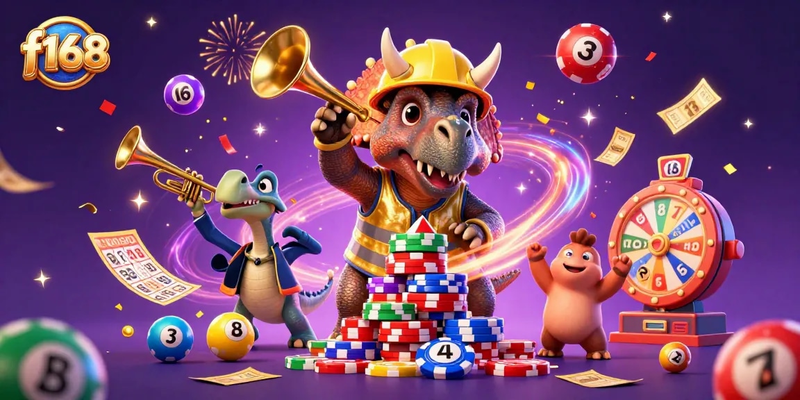 Experience thrilling wins at f168 with a dynamic 3D casino scene featuring vibrant gambling elements.