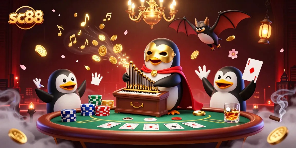 Play the exciting sc88 gaming experience with a vibrant 3D illustration, featuring a penguin organist amidst dynamic poker visuals.