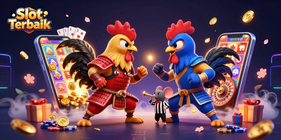 Win big with Slot Terbaik in this vibrant 3D illustration of roosters competing among casino elements.