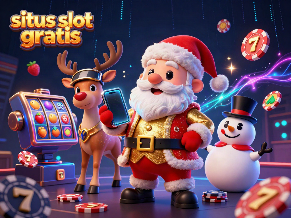 Experience situs slot gratis with a festive cartoon Santa, his reindeer, and a poker-chip snowman in a lively casino.