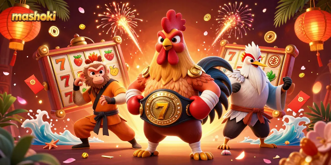 Win big with mashoki in a vibrant 3D casino scene featuring luck symbols and dynamic characters.