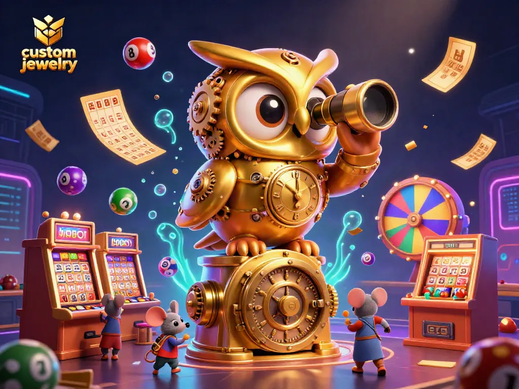 Experience custom jewelry with vibrant lottery elements and golden owl in a bustling casino scene.