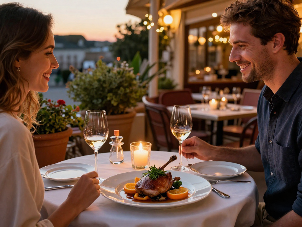 Best duck a l’orange near me served in a cozy bistro with candlelight and romantic ambiance.