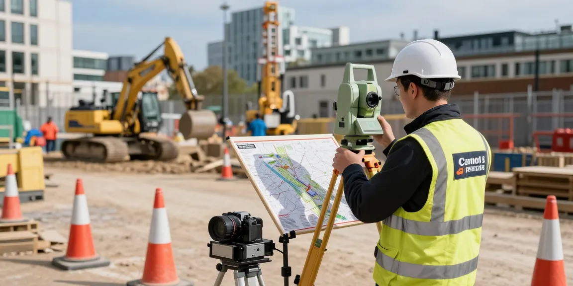 London land surveyors conducting a topographical survey at a construction site with detailed mapping equipment.